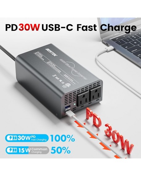 BESTEK 400W Pure Sine Wave Power Inverter DC 12V to AC 110V with PD30W USB-C QC 18W